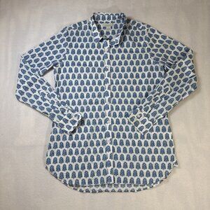 Garnet Hill Womens Shirt Button Down White Blue/Green Flowers Size 4
